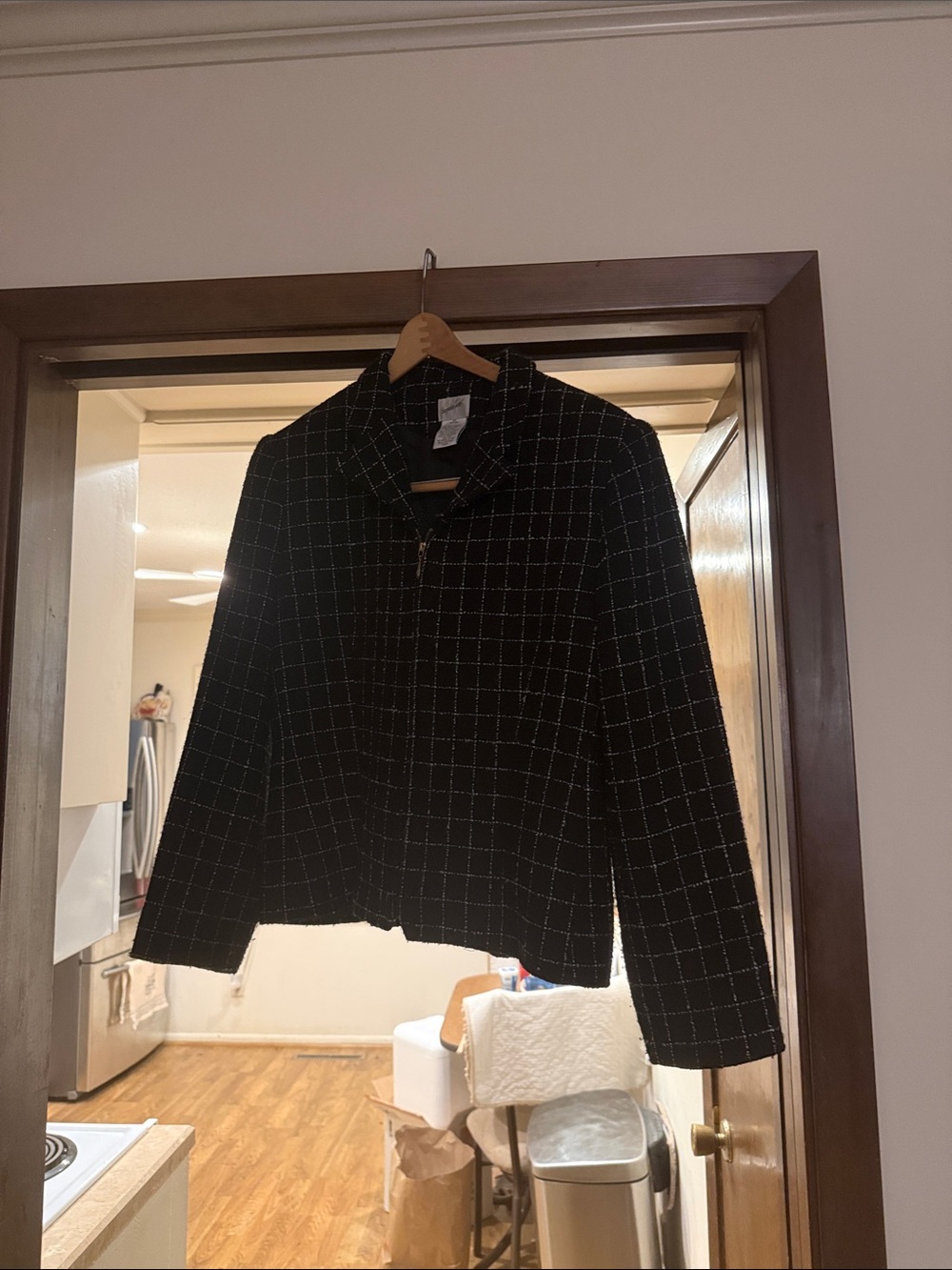 Jacqueline Ferrar Black White Plaid Tweed Zip Front Lined Blazer Jacket - 14P